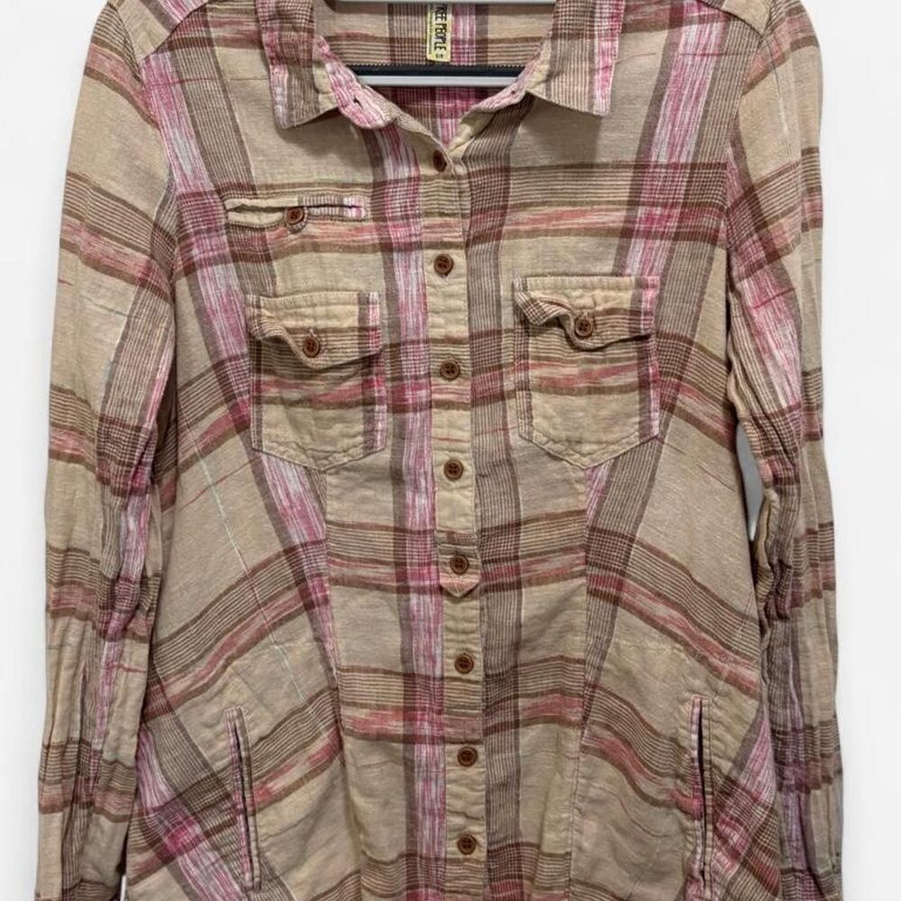 Free-People Women's Soft Boho Pink and Tan Flannel